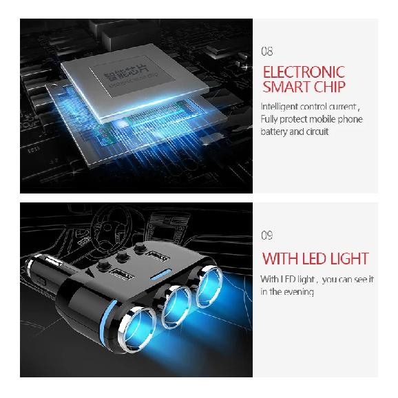 Dual USB Port 3 Way Auto Car Cigarette Lighter Socket Splitter Charger Plug Adapter DC 5V 1A+2.1A for All Phone PC Ipad