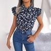 Damen Sommer Chiffon Bluse Floral Schnürung Schleife Holzohr Hemd