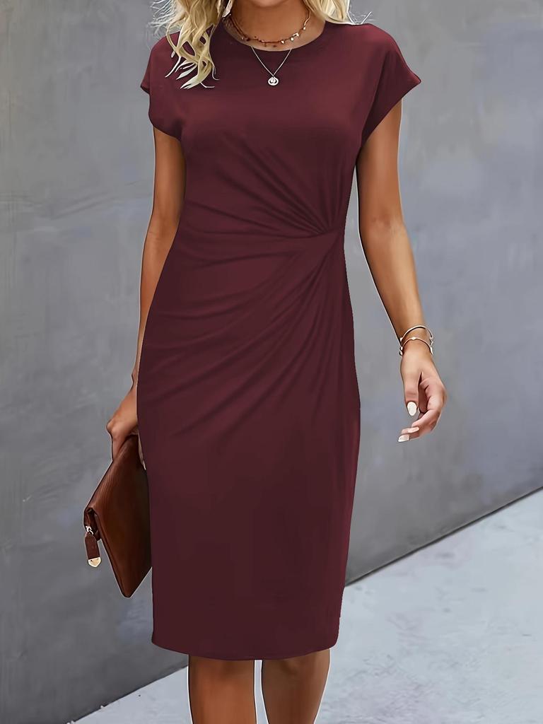 Women's Casual Bodycon Midi Dress with Front Knot and Round Neck