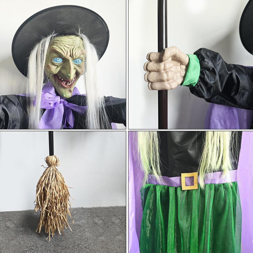 Flying Witch Halloween Decor Halloween Witch on Broom with Light-up Eyes Scary Props Holiday Decor Ornament for Indoor Tree