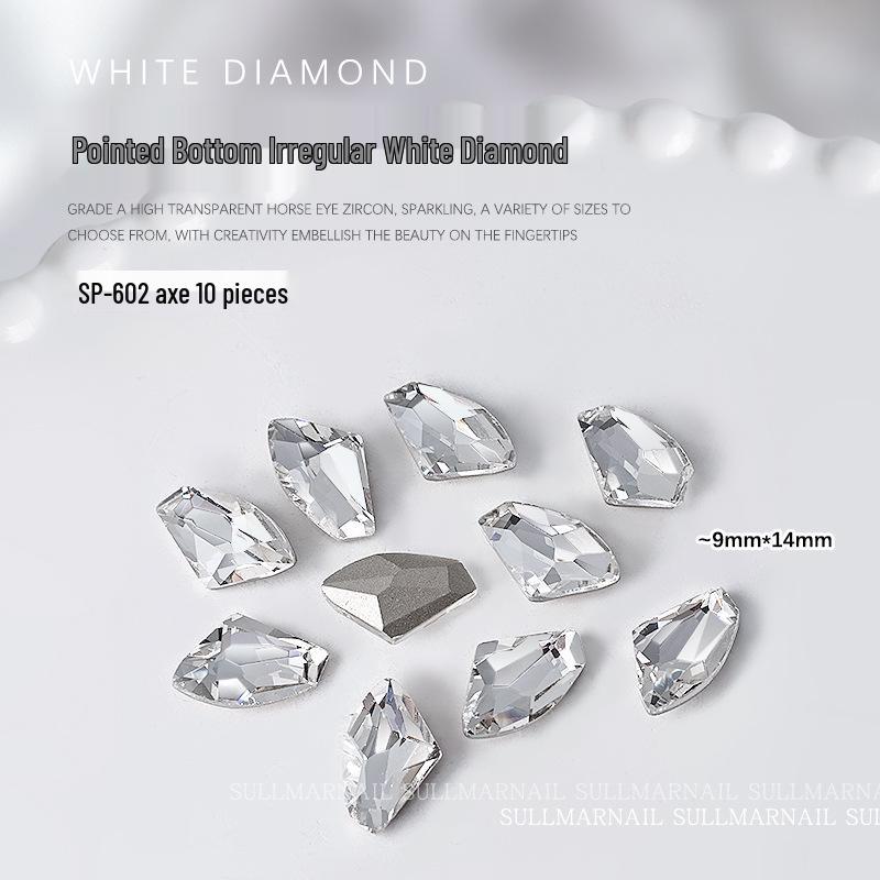 10-Piece Nail Art Set: Pointed Bottom Heart, Crooked Heart, White Diamond, Peach Heart, Square Transparent Rhinestones for Nail Decoration