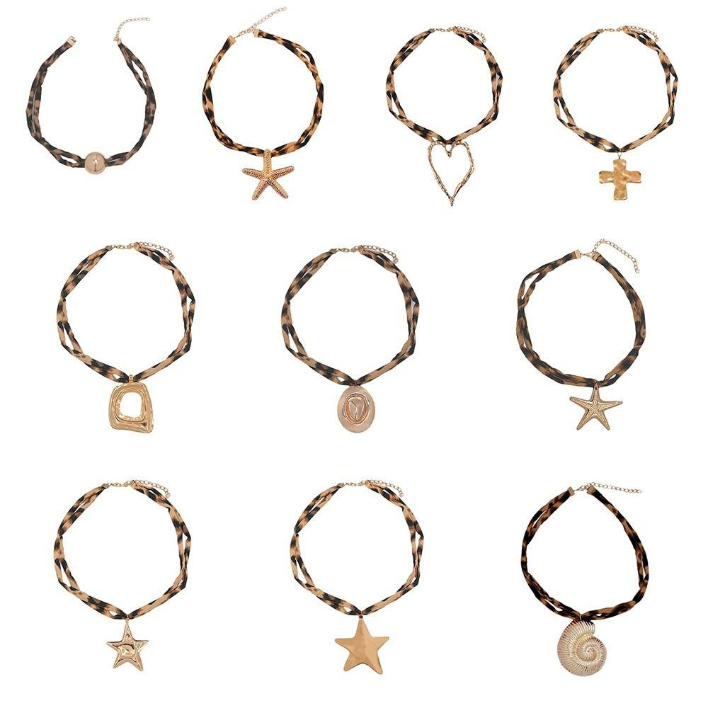 Charm Leopard Choker Bohemia Style Leopard Cloth Strip Necklace Starfish Pendant Necklace  Gift