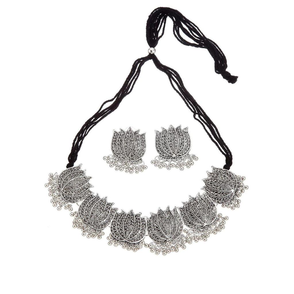 Shining Diva Fashion Latest Stylish Fancy Oxidised Silver Tribal Choker Necklace Jewellery Set for Women