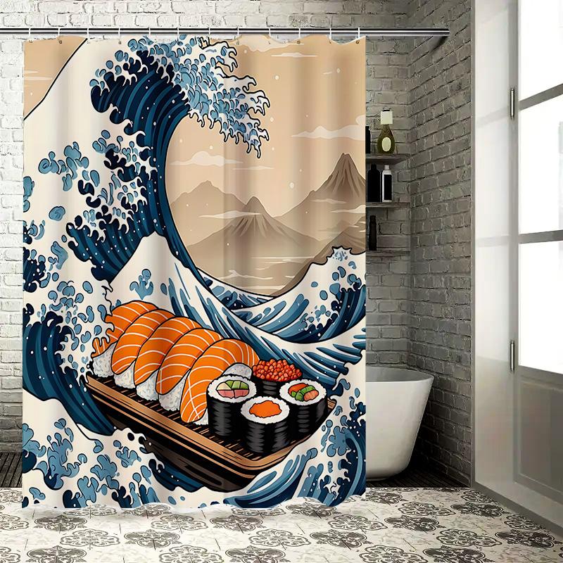 Sushi Wave Duschvorhang Einzigartiges Design Wasserdichtes Gewebe Mit Haken Ozeanstil Japanische Küche Thema Dekor Für Bad