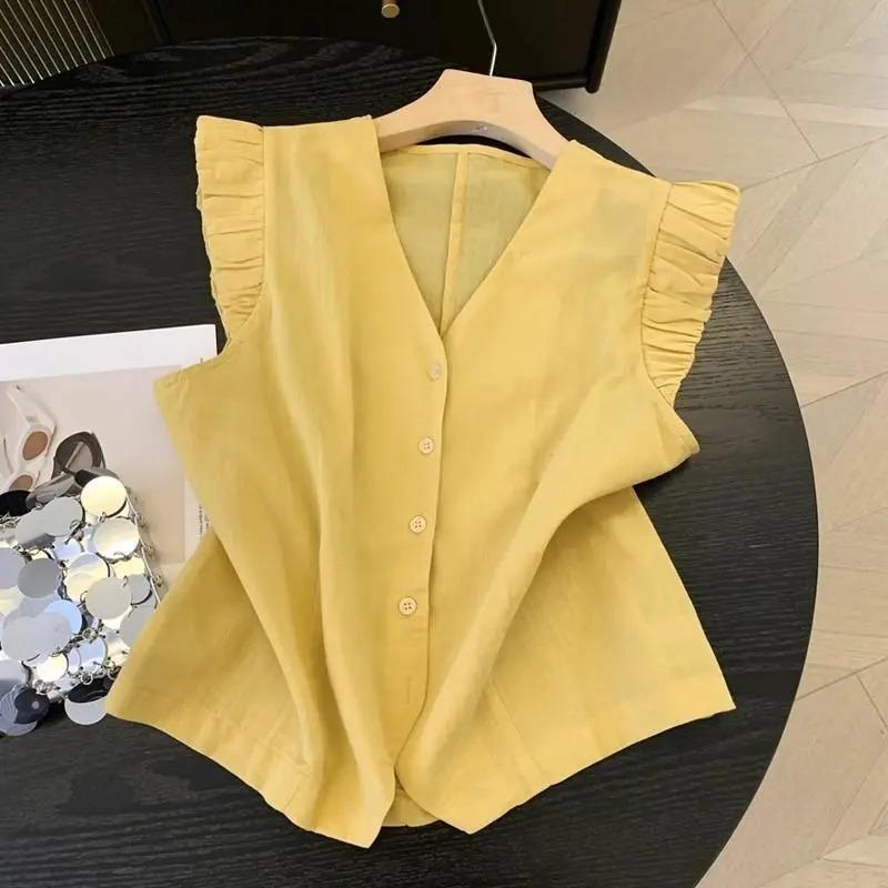 Women's Blue Linen V Neck Button Down Tank Top Casual Loose Fit Ruffle Trim Sleeveless Blouse