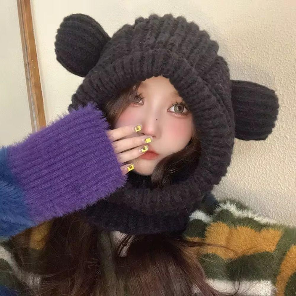 Bear Ear Balaclava Hat Solid Color Pullover Hat Fashion Knitted Hooded Beanie Hat  Female/Girls