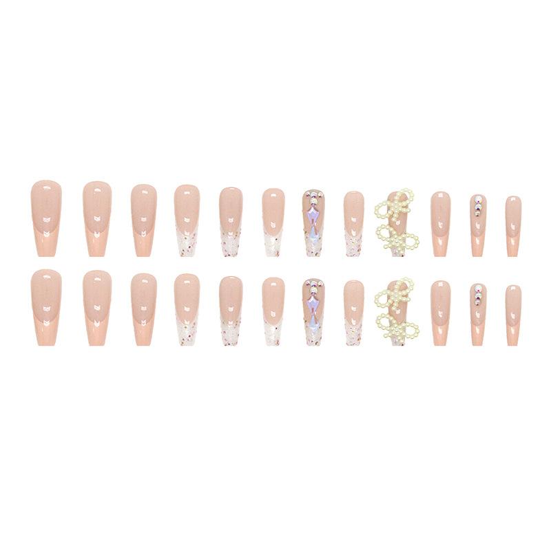 Spice Girl ins Pneumatic Diamond Pearl Bow Wear Nail Shiny Glitter French Nail Art Tablets False Nail Wholesale