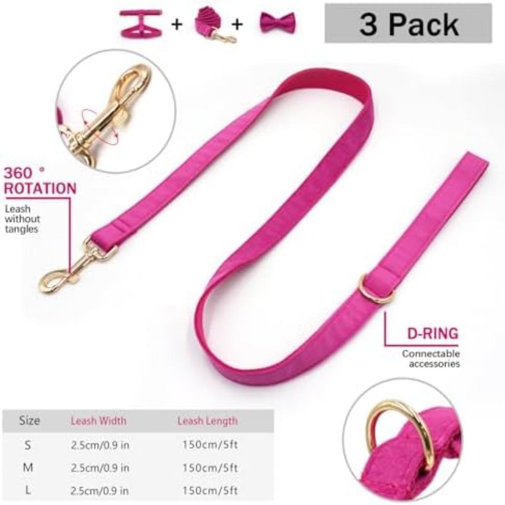 Pet Collar with Zinc Alloy Buckle M Size Harness (Width 2.5cm Neck 38-57cm Chest 45-72cm) 120CM Leash 11*6CM Bow Set