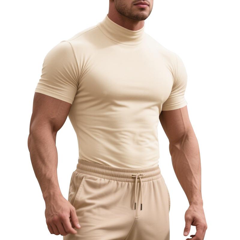 Summer Solid Color Men's Short Sleeved T-shirt Fashionable Casual Tight Fit High Neck Thin Base Shirt
