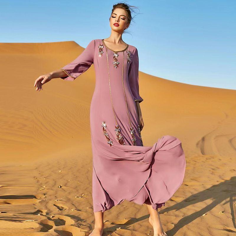 New Arrival Hand-Stitched Diamond Stitching Gold Ribbon High-Grade Dress Ruffled Long Dress Ethnic Style Dress