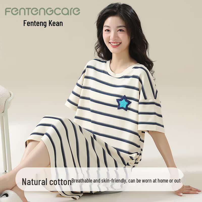 FENTENGCARE Women s Striped Cotton Short-Sleeve Nightgown XL