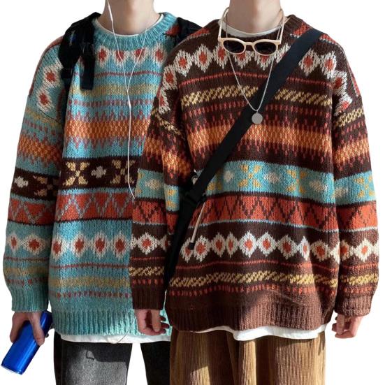 Men Autumn Sweater Geometric Print Colorful Long Sleeves Round Neck Loose Warm Thick O Neck Elastic Spring Sweater for Daily Wear