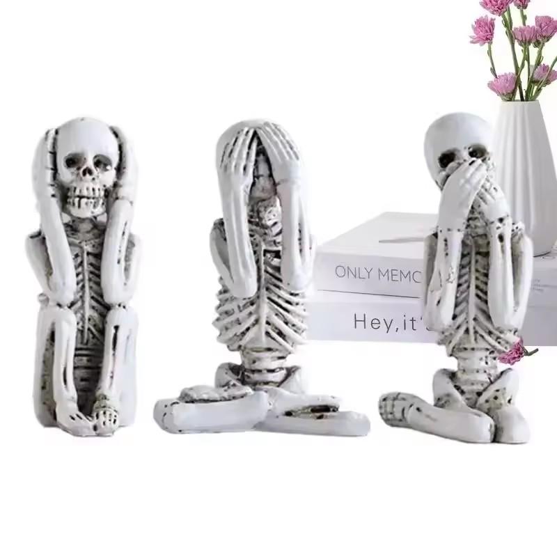 Creepy Skull Statue Set for Halloween – Dark Resin Art Decor (Three Wise Monkeys Inspired