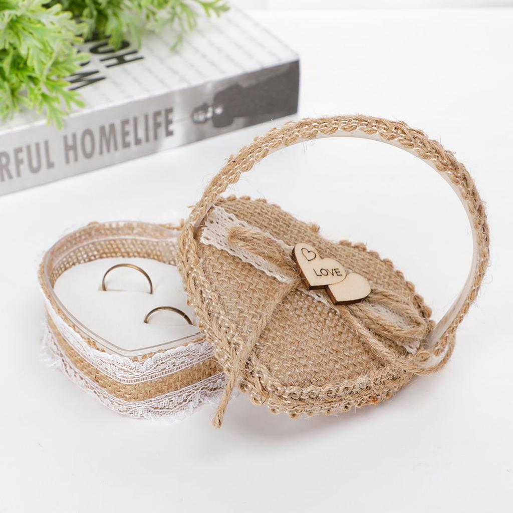 Heart-shape Linen Ring Box Jewelry Case Valentine's Day Vintage Country Wed Pastoral Ceremony Natural Ring Setting Storage Box