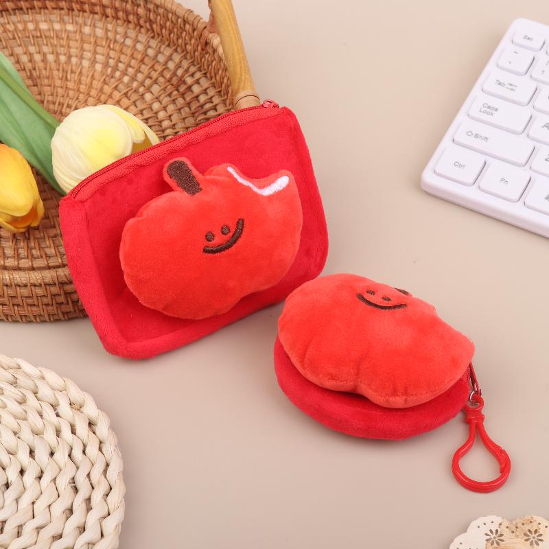 Cute Red Fruit Plush Coin Purse Mini Zipper Pouch With Keychain Cartoon Fruit Wallet For Earphones Coins Bag Charm Gift