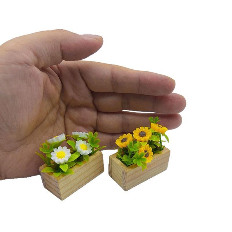 1Pcs Mini Flower Sunflower Wooden Box Potted Dollhouse Simulation Yellow White Floral Green Plant Ornament Miniature Model