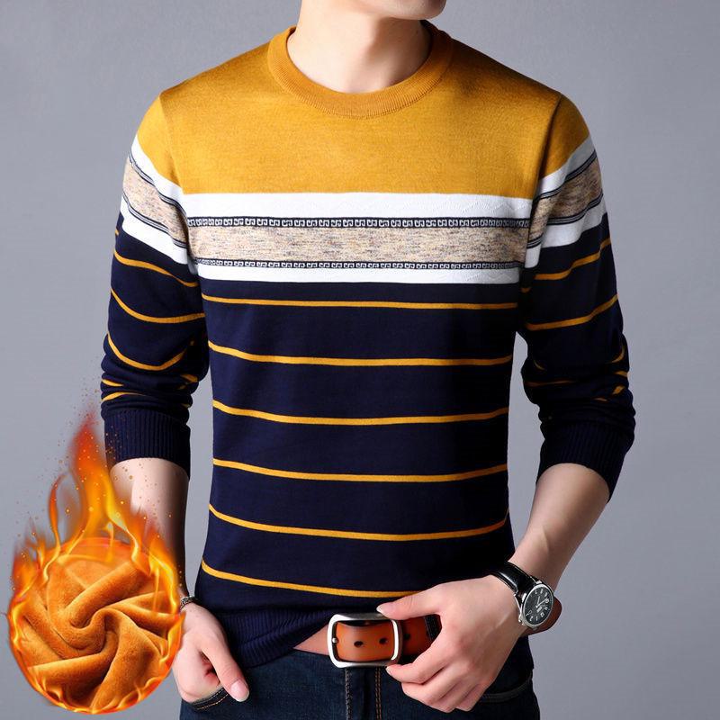Men's Thermal Knitted Sweater - Plus Velvet, Round Neck, Thick Autumn/Winter Wear