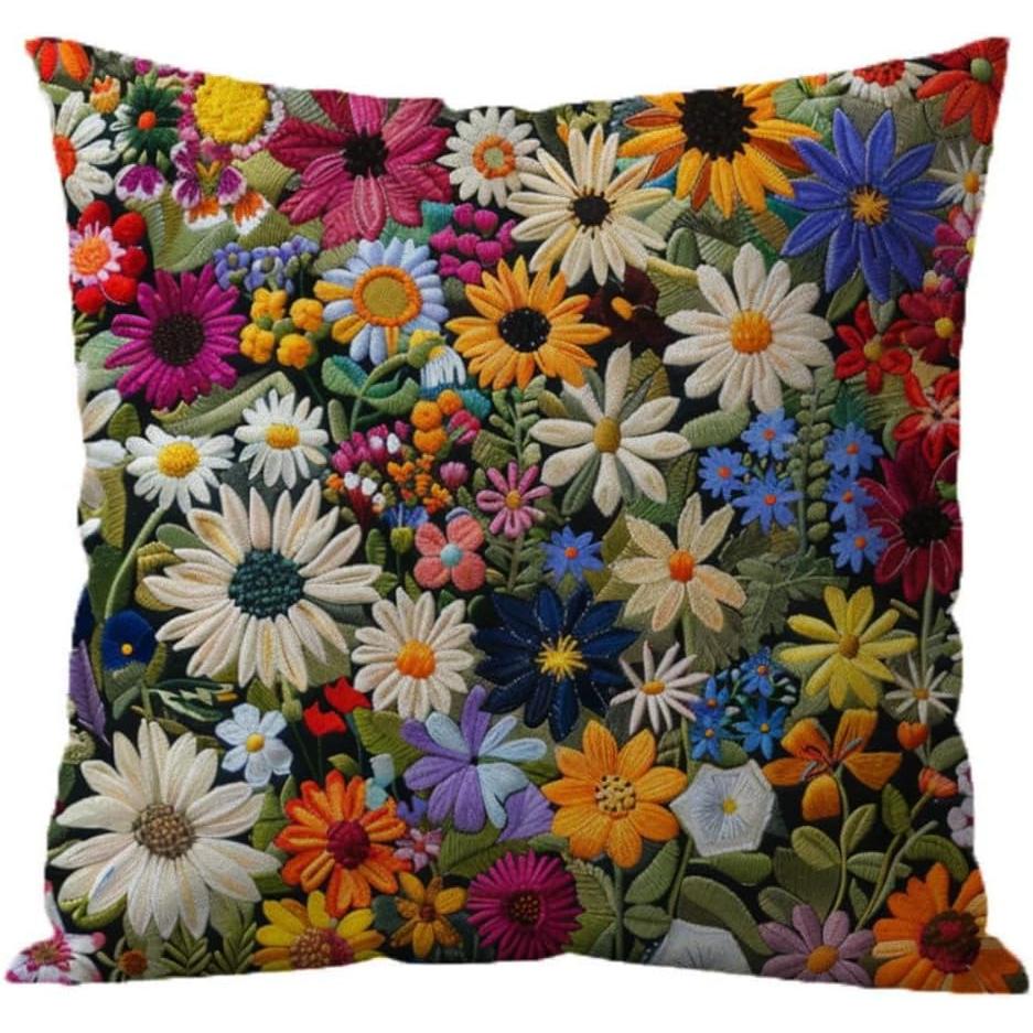 Floral Cushion Cover 45cm Linen Fabric 2D Print Hidden Zipper Design Washable (D)