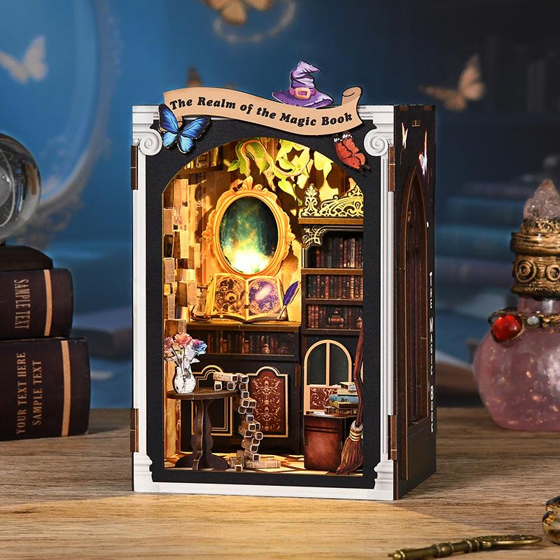 The Realm of Magic Books Book Nook DIY House - Handcrafted Wooden Bookend Architectural Model, Home Decor Display Gift