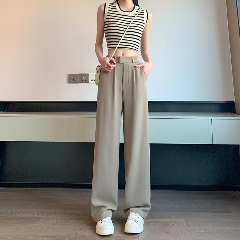 

White suit wide-leg pants women s new narrow version high-end summer drape small straight casual pants women XL [Recommended 120-65kg] хаки
