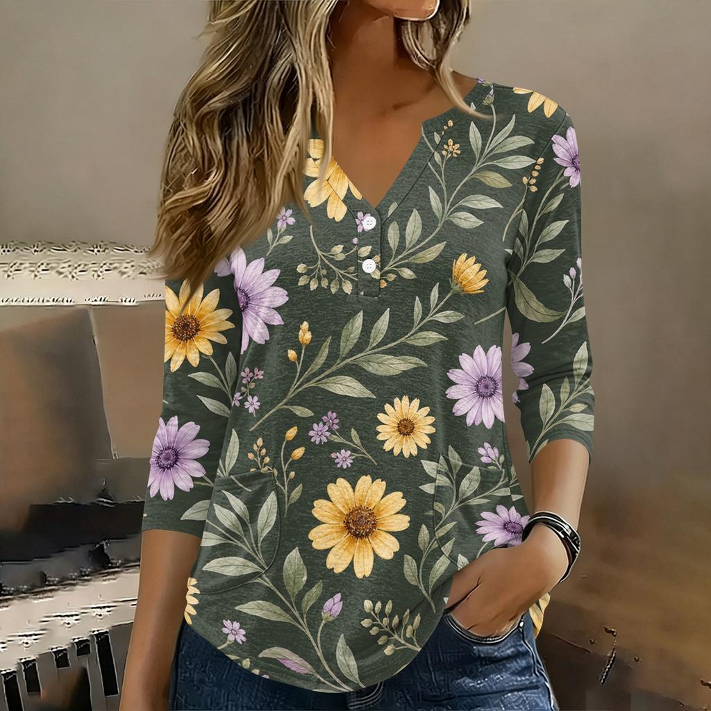 Women 3/4 Sleeve V Neck Henley Floral Print Pullover Casual T Shirt Top Lightweight Soft Fabric Comfortable Fit