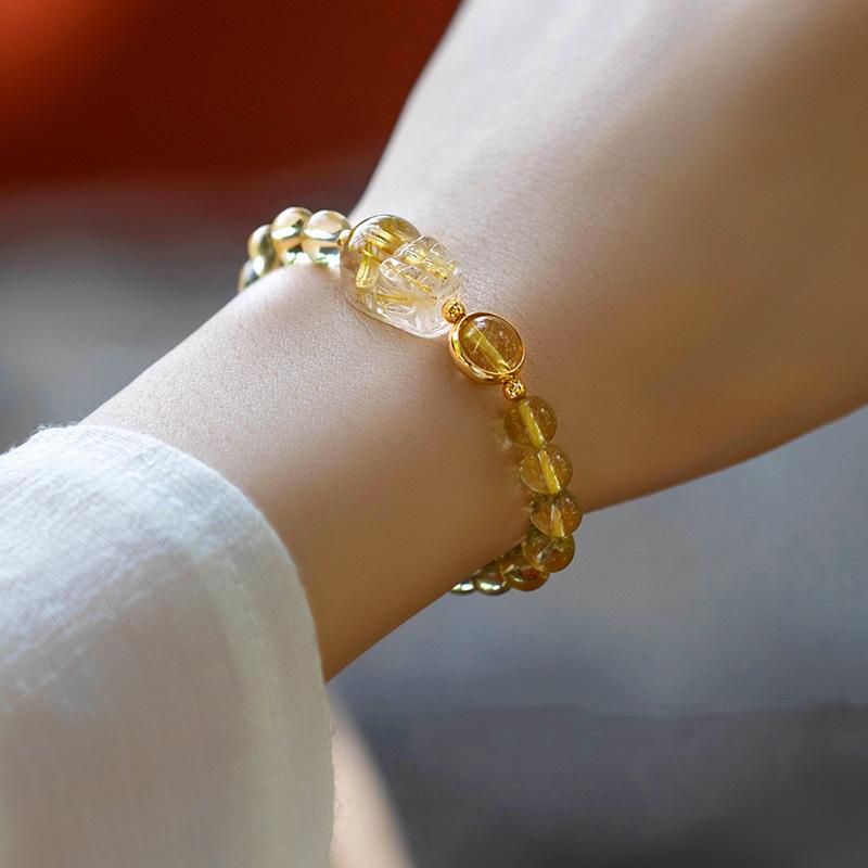 Natural Yellow Crystal Bracelet for Women with Pixiu and Titanium Crystal, Golden Rutilated Crystal Bracelet, a Summer Gift for a Girlfriend Ethnic