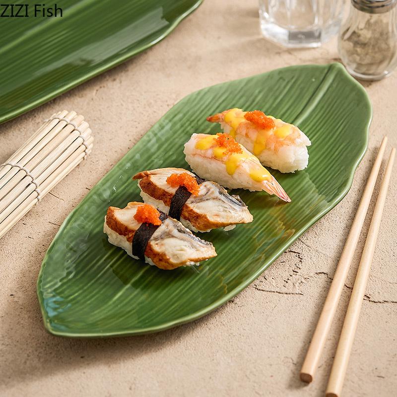 Green Leaf Ceramic Plate Japanese Restaurant Molecular Cuisine Sushi Plate Creative Dim Sum Dessert Plate Kitchen Tableware