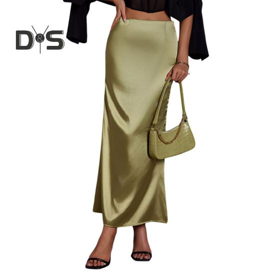 Women Fishtail Skirt with Large Hem High Waist Hip Wrapped Imitation Silk Maxi Skirt Solid Color Slimming Satin Skirt