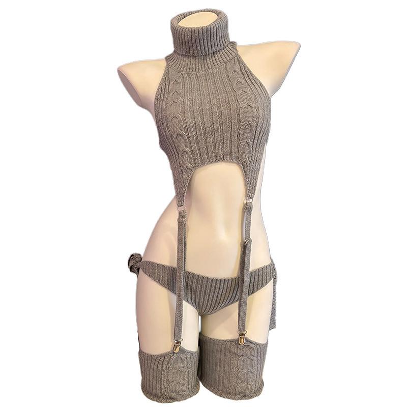 Erotic Sexy Anime Cat Girl Gray Turtleneck Sweater Uniform Outfit Cosplay Women Backless Knit Clothes Garter Stocking Costume