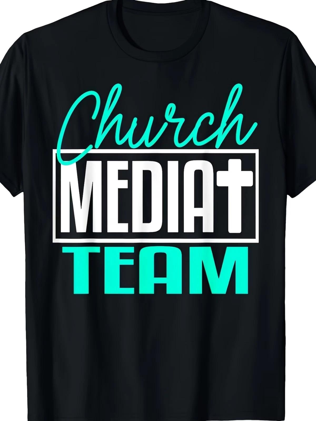 Men s Church Media Team T-Shirt - Black with Turquoise Lettering Relig M