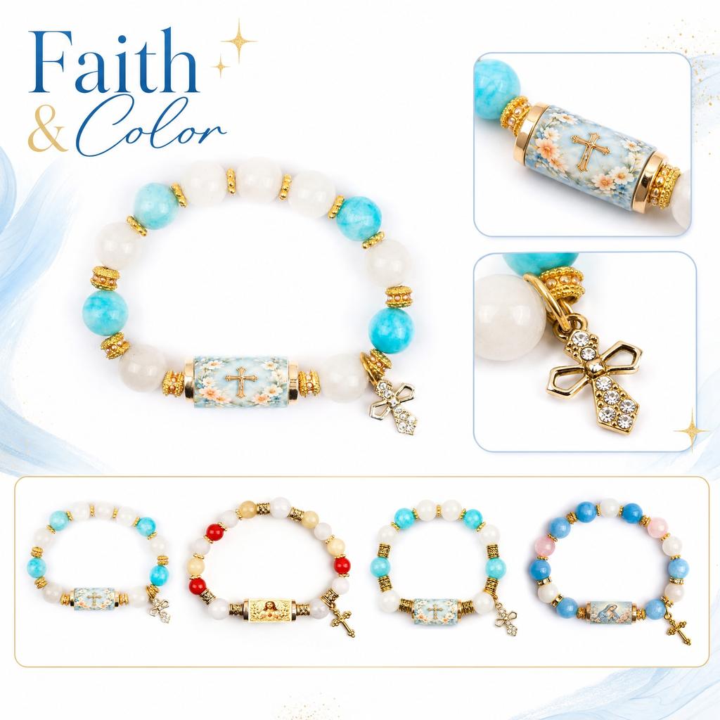 Women's Blue Cross Bracelet with Gold Pendant - Stretch Bracelet, Fashion Jewelry Gift for Women, Perfect for Daily Wear and