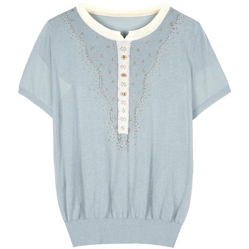 Mom's Summer Clothes Short Sleeve Knitted Top Ice Silk T-shirt Fashion Middle-aged Elderly Women's T Shirts
