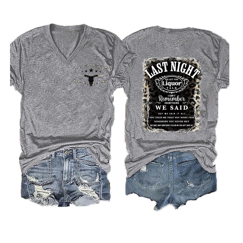 Women V‑Neck Short Sleeve T‑Shirt Double‑Sided Letter Print Casual Street Fashion Ladies Top S‑3XL