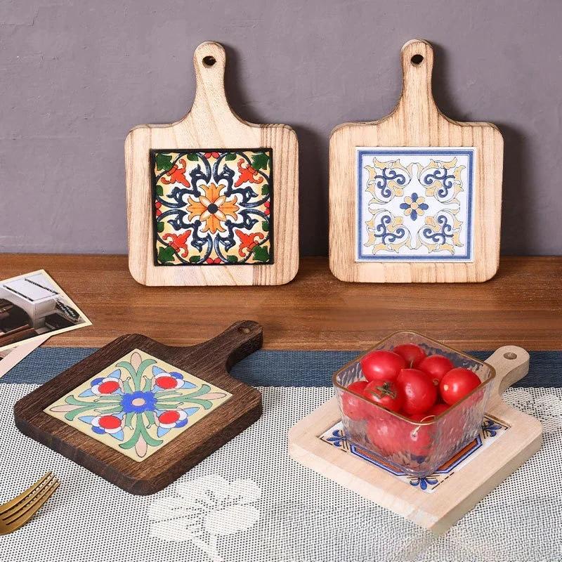 Japanese Restaurant Retro Solid Wood Tile Handle Pot Pad Wooden Anti Scald Plate Pad Household Casserole insulation Wood Pad