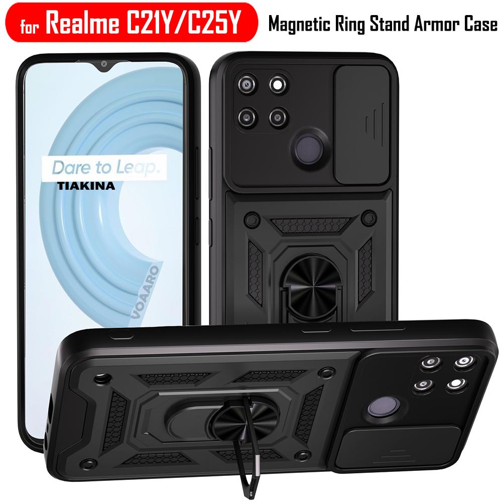 Slide Lens Armor Funda for OPPO Realme C21Y Case for Realme C25Y Case Magnetic Ring Stand Holder Cover Shockproof Capa