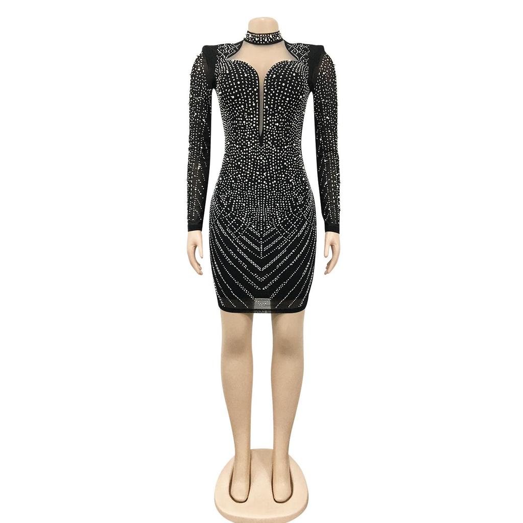 European Sexy Rhinestone See-through Mesh Deep V Party Dress for Women