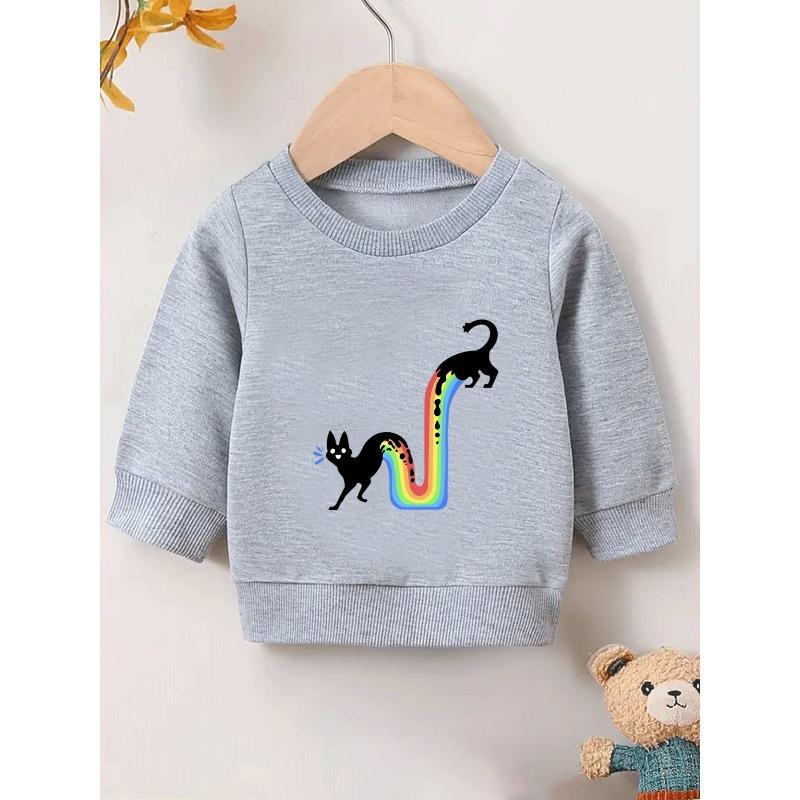 European sizes Rainbow Black Cat Print Long-Sleeve Round-Neck Sweatshirt for Kids Aged 0-3