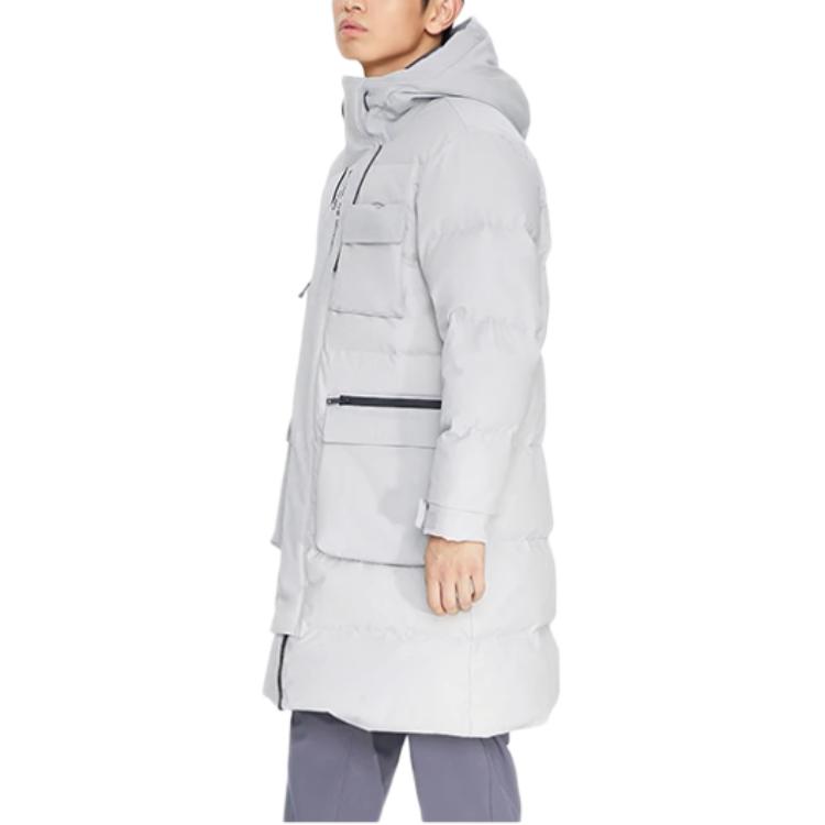 Li-Ning Training Series Loose Warm Letter Hooded Mid-Length Down Jacket Men Outerwear Gray AYMR023-3