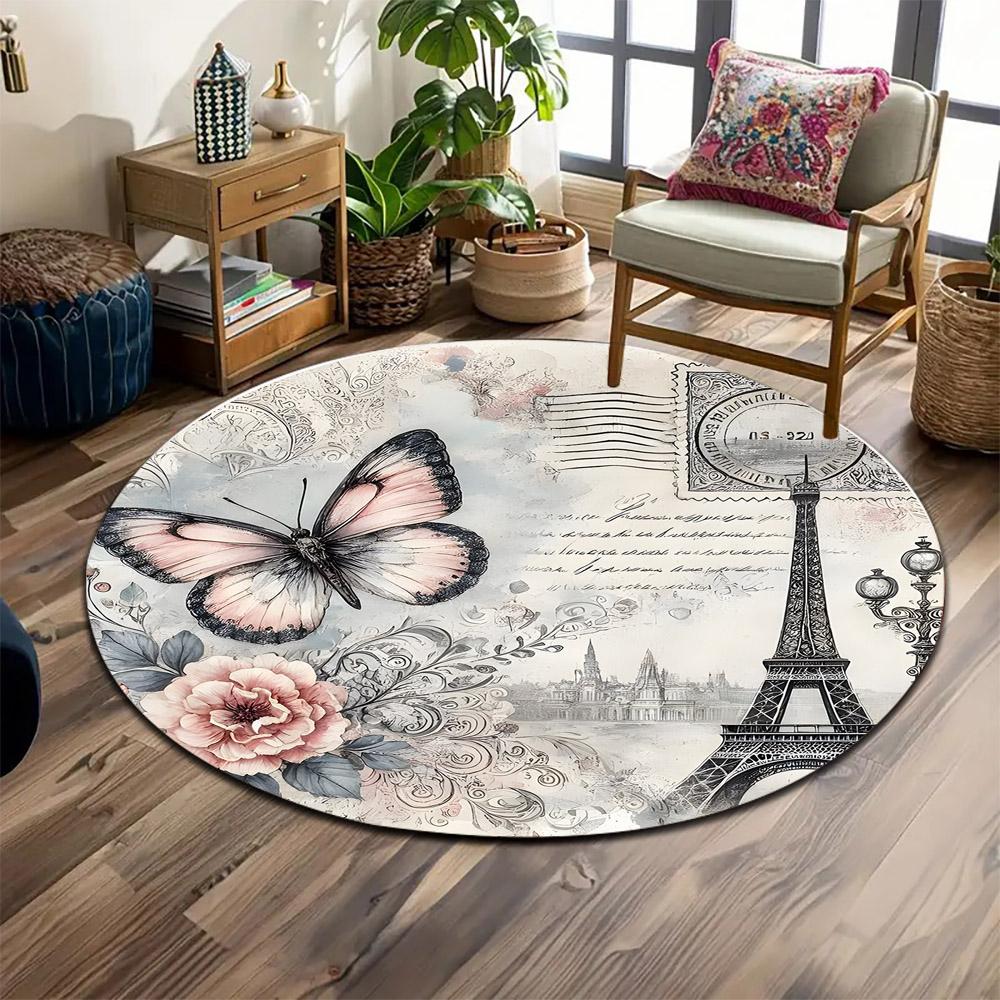 "Parisian Butterfly Floral Design" Print round rug, living room, bedroom, playroom carpet, non slip floor mat, gift