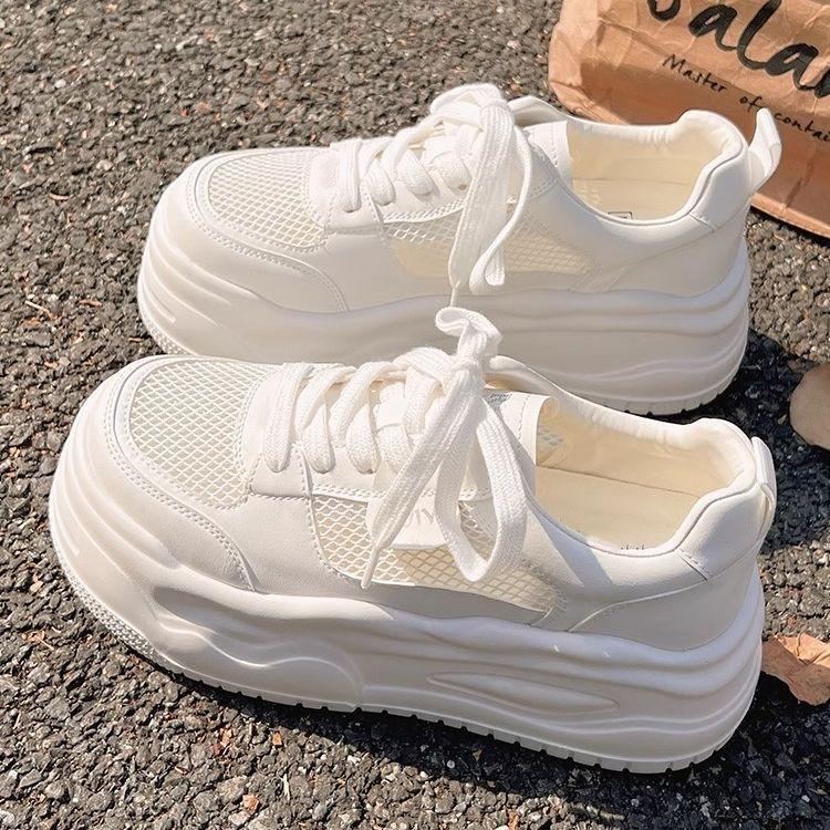 Fashion New Summer Round-toe Lace-up Casual White Thick-soled Vulcanized Shoes Comfortable Flat-soled Fashion Mesh Sneakers for Women