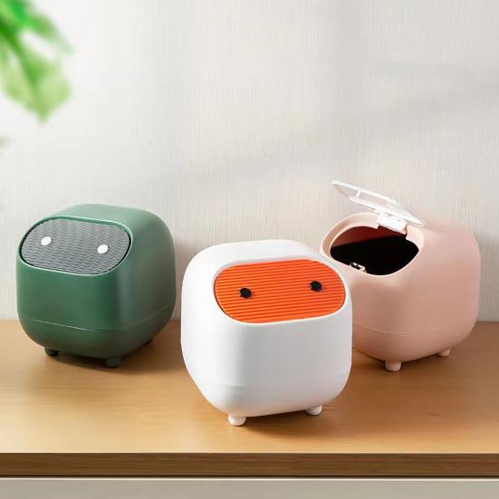 Desktop Trash Can with Folding Cover Press-Type Opening Mechanism Compact Size Cartoon Shape Trash Bin