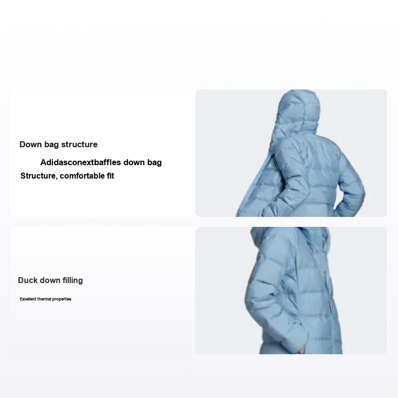 Adidas Women's Blue Solid Color Logo Zip Outdoor Hooded Long Warm Down Jacket Outerwear Gq7116 Cm