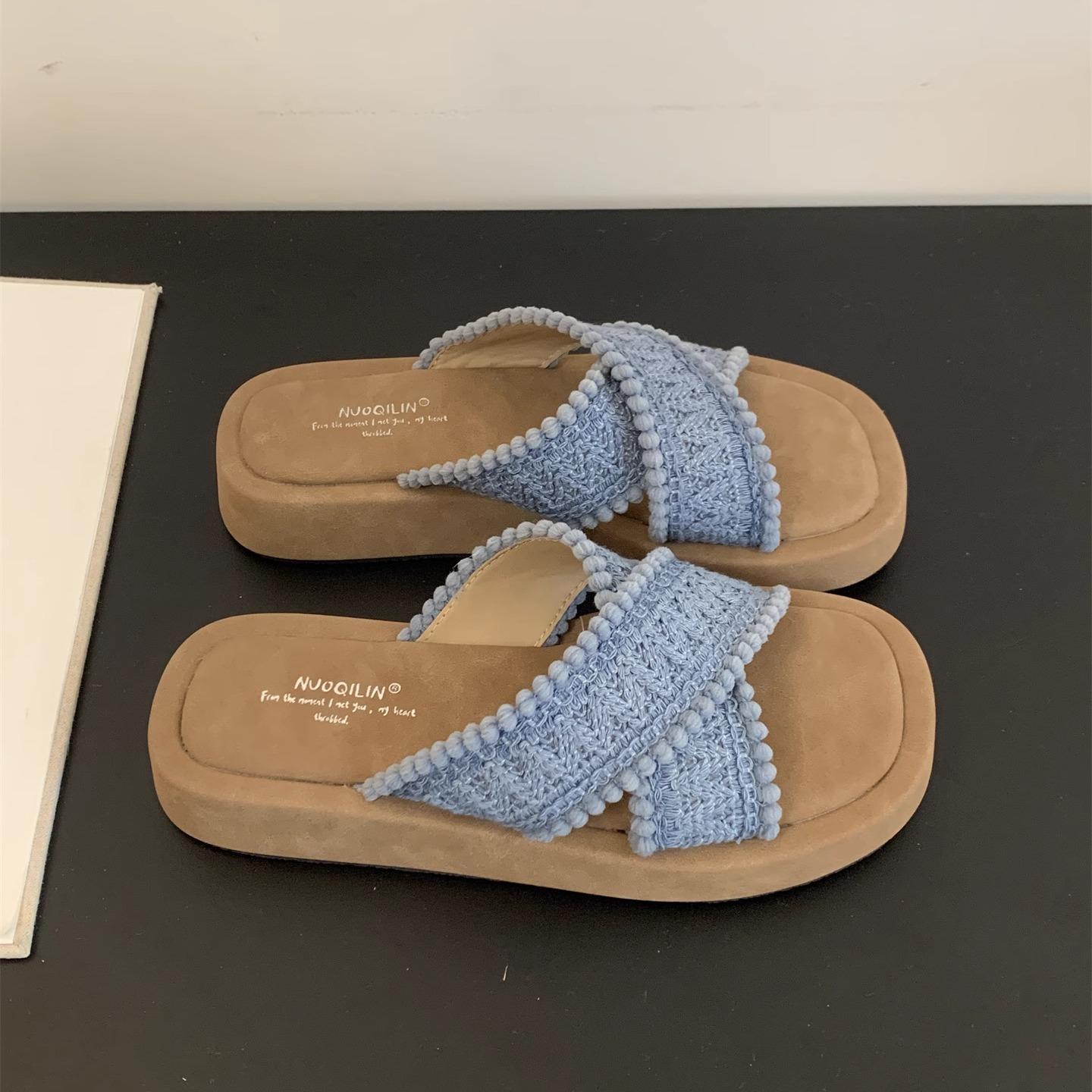 

Bohemian platform slippers women s summer wear new cross-strap woven sandals seaside vacation wind beach sandals 40 синий