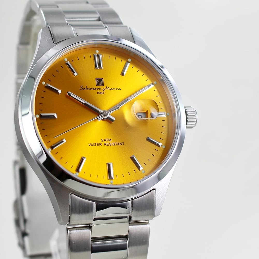 Salvatore Marra Uhr mit Datum 5 ATM Wasserdicht Edelstahlarmband Herren Kalender, Widerstand, (Nein. 6, Gelb)