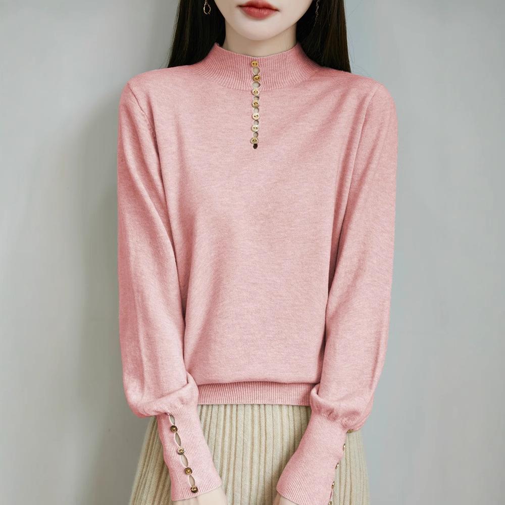 A Fashionable Semi-high Neck, Versatile Design Base Layer, Solid Color Loose and Warm Knitted Sweater for Women