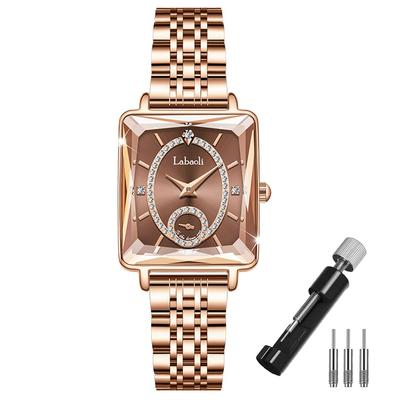 Gold Square Wristwatch with Brand Stainless Brown Women's Diamonds, Waterproof, Simple, Stylish, Casual, Business, Name, Steel, Small, Luxury, Gift,
