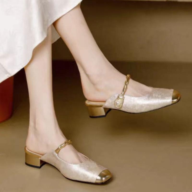 Fashion Spring and Autumn New Brand Square Toe Women's Thick Heel Slippers Fashionable Women's Elegant Low Heel Slip-On Sandals