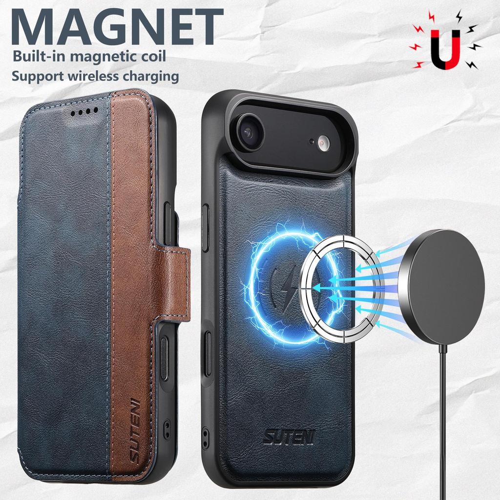 Capa de Couro Magnética Flip para iPhone 17 Pro Max/Samsung S25U com Carregamento Sem Fio