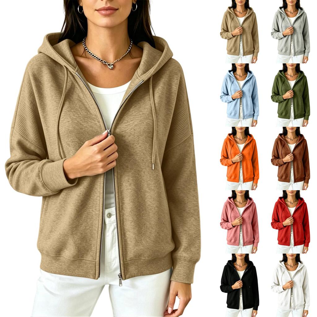 Damen Kapuzen-Strickjacke mit Reißverschluss Lockerer Schnitt Langarm Strickpullover Jacke für Herbst Winter