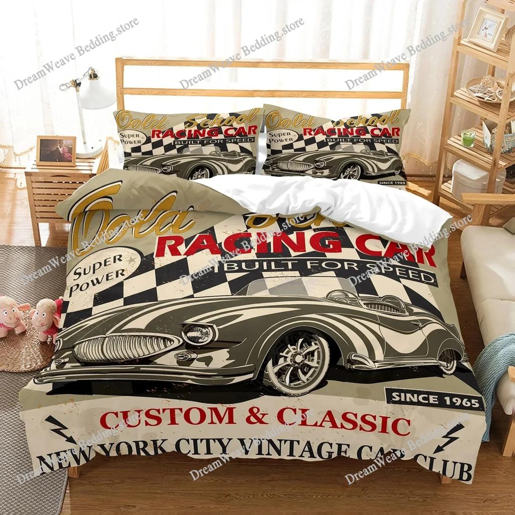 New York Statue of Liberty Duvet Cover KingQueen Size Retro Car Nostalgic 50s Polyester Bedding Set,Vintage Car Quilt Cover9639
